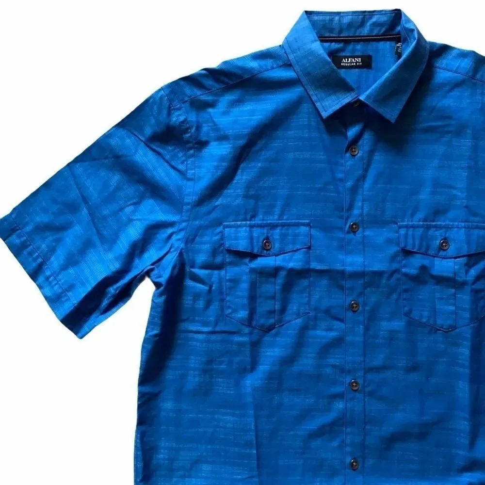 NWOT Alfani Regular Fit Blue Short Sleeve Button Down M Shirt Casual